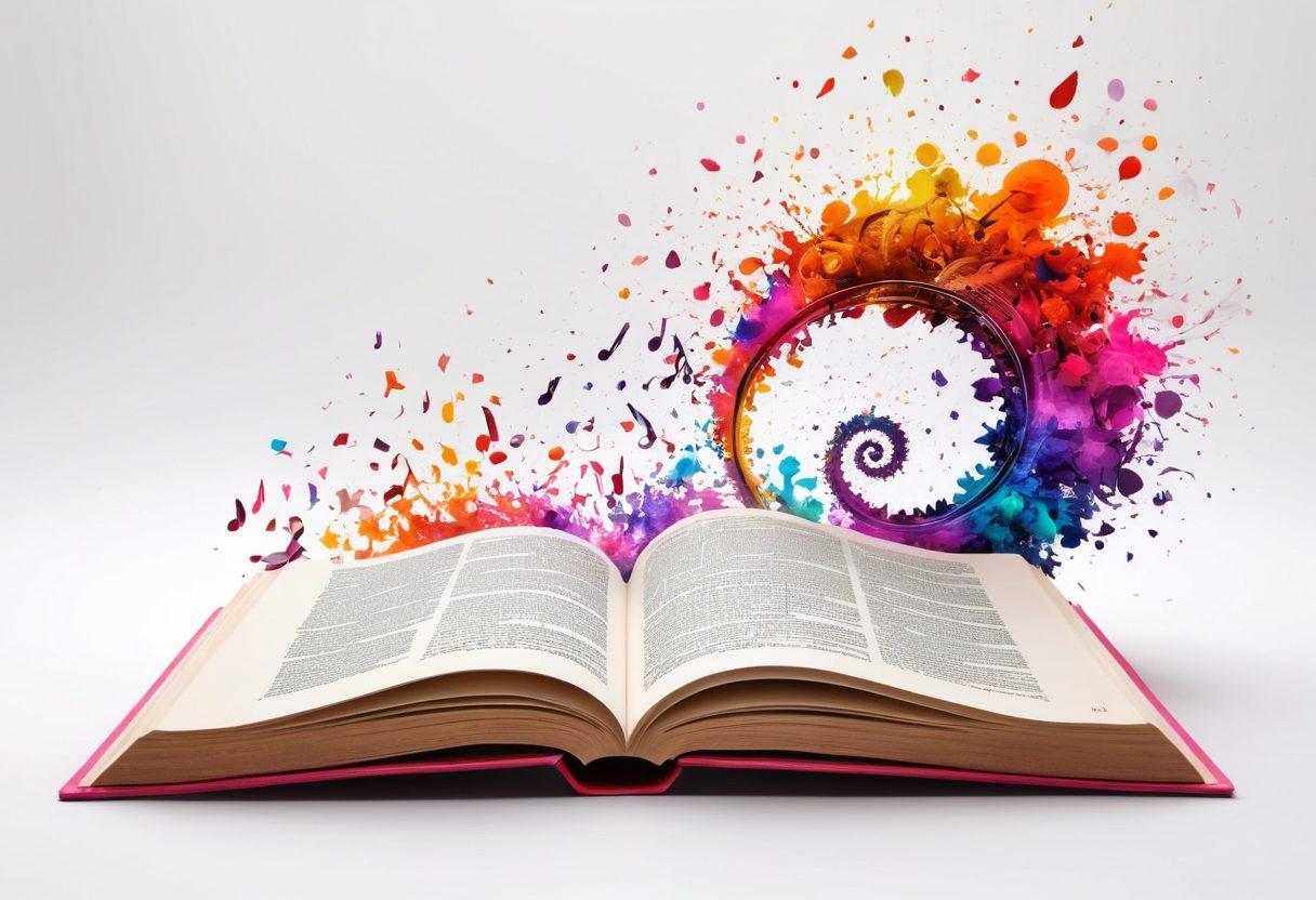 A visually striking scene featuring an open book with vibrant, swirling colors of thoughts transforming into written words that flow into a digital blog layout on a computer screen. Include elements of creativity like musical notes, light bulbs, and gears, symbolizing inspiration and ideas. The background should be bright and inviting, suggesting a sense of enlightenment and transformation. super-realistic. vibrant colors. white background.