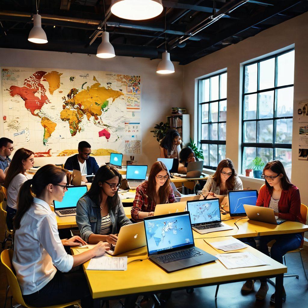 A dynamic digital scene showcasing a diverse group of enthusiastic bloggers at their creative workspaces, passionately typing on laptops, surrounded by colorful notes and brainstorming sketches. Bright screens glow with ideas, and a world map behind them symbolizes global connections. Emphasize warmth, creativity, and collaboration while capturing the modern essence of online writing. vibrant colors. super-realistic. digital art.